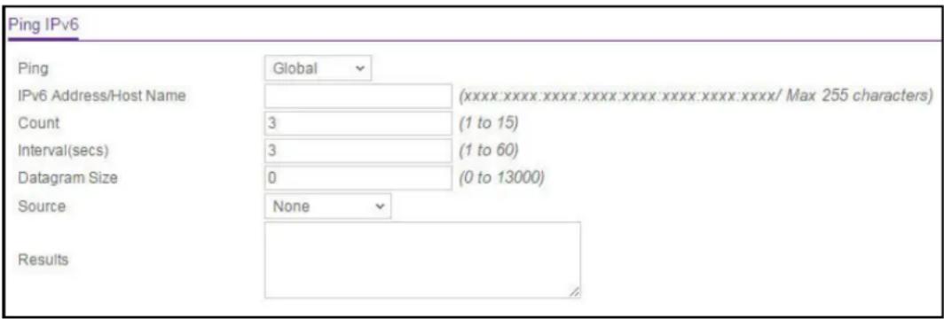 Ping IPv6 Ping Global IPv6 Address/Host Name (xxxx:xxxx:xxxx:xxxx:xxxx:xxxx:xxxx/ Max 255 characters) Count 3 (1 to 15) Interval(secs) 3 (1 to 60) Datagram Size 0 (0 to 13000) Source None Results