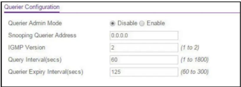 Querier Configuration Querier Admin Mode ● Disable ○ Enable Snooping Querier Address 0.0.0.0 IGMP Version 2 (1 to 2) Query Interval(secs) 60 (1 to 1800) Querier Expiry Interval(secs) 125 (60 to 300)