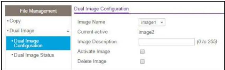 File Management • Copy • Dual Image • Dual Image Configuration • Dual Image Status Dual Image Configuration Image Name image1 Current-active image2 Image Description (0 to 255) Activate Image Delete Image