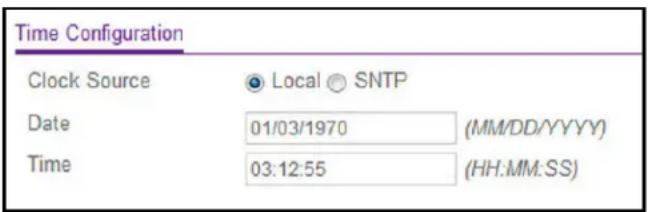 Time Configuration Clock Source Local SNTP Date 01/03/1970 (MM/DD/YYYY) Time 03:12:55 (HH.MM:SS)