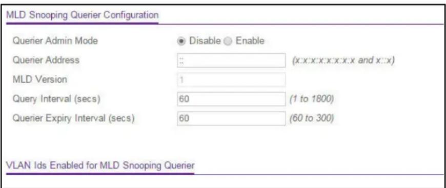 MLD Snooping Querier Configuration Querier Admin Mode ● Disable ● Enable Querier Address :: (x:c:x:c:x:c:c:c x:c:c x and x:c:c) MLD Version 1 Query Interval (secs) 60 (1 to 1800) Querier Expiry Interval (secs) 60 (60 to 300) VLAN Ids Enabled for MLD Snooping Querier