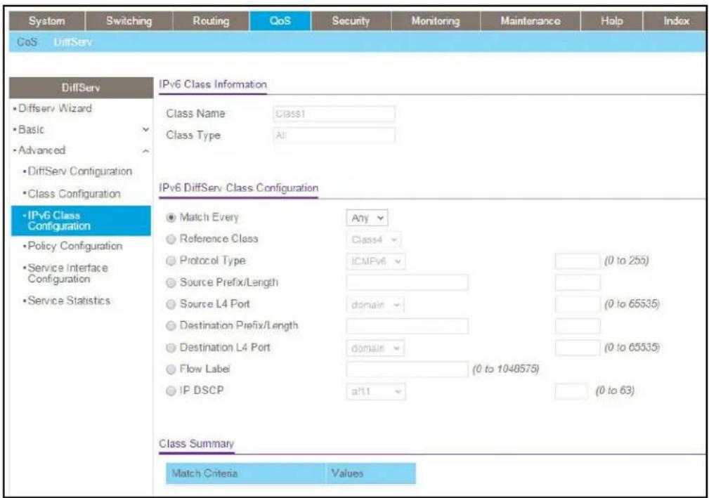 System Switching Routing QoS Security Monitoring Maintenance Help Index CoS DiffServ DiffServ • Diffserv Wizard • Basic • Advanced • DiffServ Configuration • Class Configuration • IPv6 Class Configuration • Policy Configuration • Service Interface Configuration • Service Statistics IPv6 Class Information Class Name Class1 Class Type All IPv6 DiffServ Class Configuration • Match Every Any • Reference Class Class4 • Protocol Type ICMPv6 (0 to 255) • Source Prefix/Length • Source L4 Port domain (0 to 65535) • Destination Prefix/Length • Destination L4 Port domain (0 to 65535) • Flow Label (0 to 1048575) • IP DSCP all11 (0 to 63) Class Summary Match Criteria Values