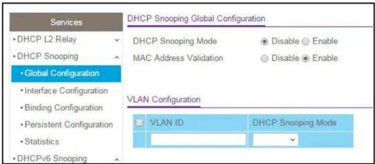 Services • DHCP L2 Relay • DHCP Snooping • Global Configuration • Interface Configuration • Binding Configuration • Persistent Configuration • Statistics • DHCPv6 Snooping DHCP Snooping Global Configuration DHCP Snooping Mode Disable Enable MAC Address Validation Disable Enable VLAN Configuration VLAN ID DHCP Snooping Mode