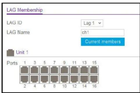 LAG Membership LAG ID Lag 1 LAG Name ch1 Current members Unit 1 Ports 1 3 5 7 9 11 13 15 2 4 6 8 10 12 14 16