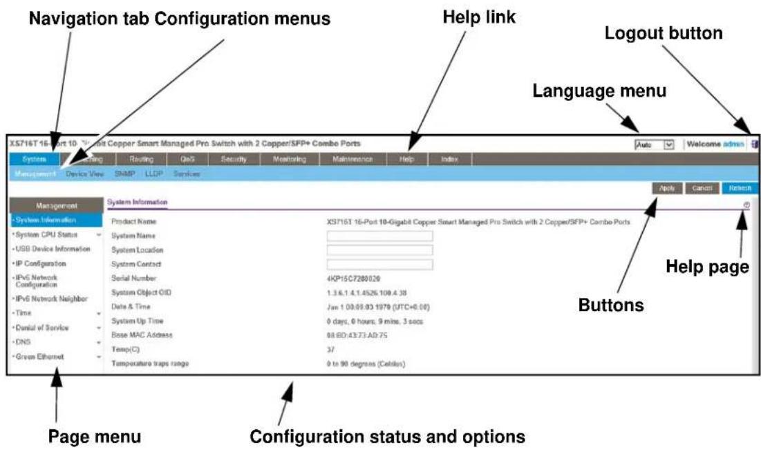 Navigation tab Configuration menus Help link X5716T 16-Port 10 - 3-bit Copper Smart Managed Pro Switch with 2 Copper/SFP+ Combo Ports Auto Welcome admin System Routing Routing QoS Security Monitoring Maintenance Help Index Management Device View SNMP LLDP Services Login button Language menu Management System Information Help Cancel Refresh • System Information Product Name X5716T 16-Port 10-Gigabit Copper Smart Managed Pro Switch with 2 Copper/SFP+ Combo Ports • System CPU Status System Name System Location System Contact Serial Number 4KP15C7280020 System Object OID 1.3.6.1.4.1.4526.100.4.38 Date & Time Jan 1 08:09:03 1970 (UTC+0.00) System Up Time 0 days, 0 hours, 9 mins, 3 secs Base MAC Address 08:00:43:73 AD 75 Temp(C) 37 Temperature traps range 0 to 90 degrees (Celkus) Help page Page menu Configuration status and options