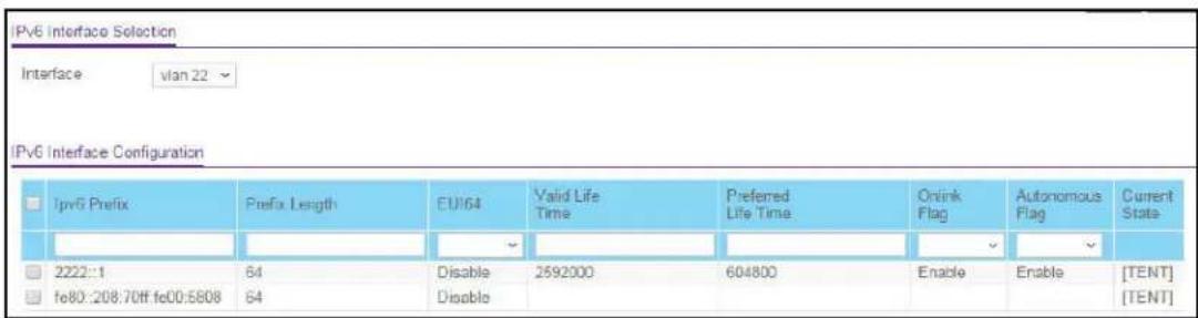 IPv6 Interface Selection Interface vlan 22 IPv6 Interface Configuration □ IPv6 Prefix Prefix Length EU/64 Valid Life Time Preferred Life Time Orlink Flag Autonomous Flag Current State □ 2222:1 64 Disable 2592000 604800 Enable Enable [TENT] □ fe80:208:70ff fe00:5808 64 Disable