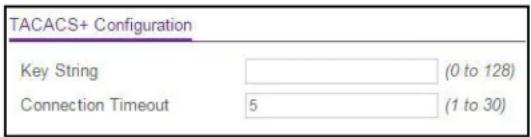 TACACS+ Configuration Key String Connection Timeout (0 to 128) 5 (1 to 30)