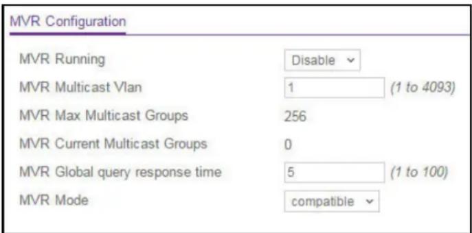 MVR Configuration panel showing settings for MVR Running, Multicast Vlan, Max Multicast Groups, Current Multicast Groups, Global query response time, and Mode with Disable/0/5/1/2/3/4/5/6/7/8/9/10/12/15/18/21/24/27/28/29/30/31/32/34/35/36/37/38/39/40/41/42/43/44/45/46/47/48/49/50/51/52/53/54/55/56/57/58/59/60/61/62/63/64/65/66/67/68/69/70/71/72/73/74/75/76/77/78/79/80/81/82/83/84/85/86/87/88/89/90/91/92/93/94/95/96/97/98/99