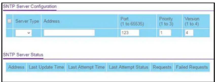 SNTP Server Configuration Server Type Address Port Priority Version (1 to 65535) (1 to 3) (1 to 4) 123 1 4 SNTP Server Status Address Last Update Time Last Attempt Time Last Attempt Status Requests Failed Requests