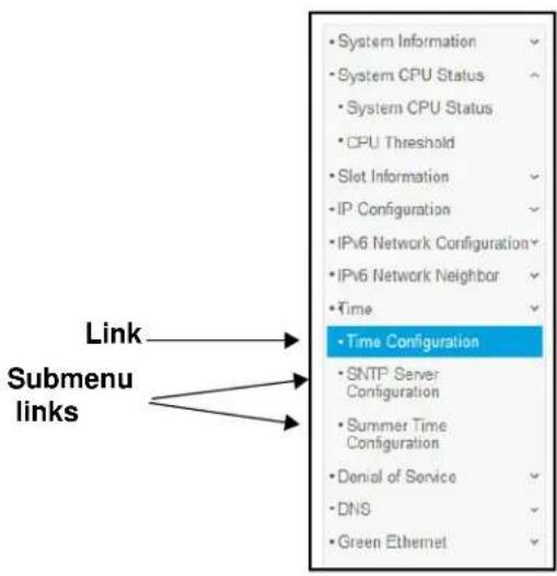 Link Submenu links • System Information • System CPU Status • System CPU Status • CPU Threshold • Slot Information • IP Configuration • IPv6 Network Configuration • IPv6 Network Neighbor • Time • Time Configuration • SNMP Server Configuration • Summer Time Configuration • Denial of Service • DNS • Green Ethernet