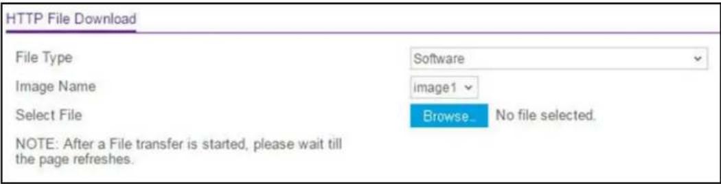 HTTP File Download File Type Image Name Select File NOTE: After a File transfer is started, please wait till the page refreshes. Software image1 Browse... No file selected.