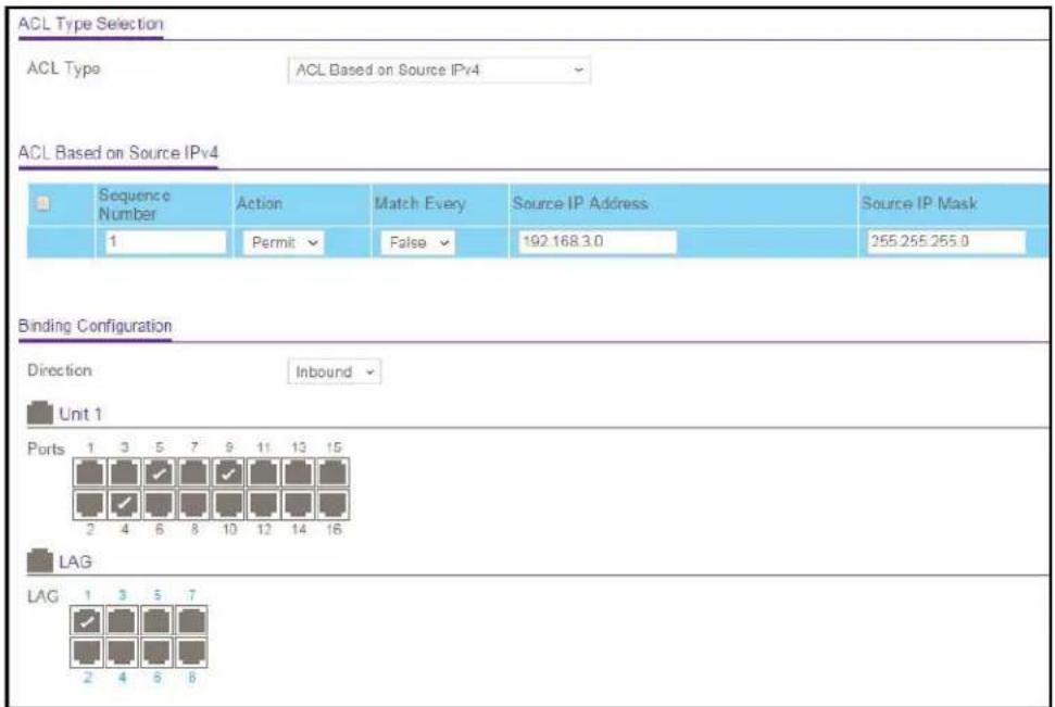 ACL Type Selection ACL Type ACL Based on Source IPv4 ACL Based on Source IPv4 Sequence Number Action Match Every Source IP Address Source IP Mask 1 Permit False 192.168.3.0 255.255.255.0 Binding Configuration Direction Inbound Unit 1 Ports 1 3 5 7 9 11 13 15 2 4 6 8 10 12 14 16 LAG LAG 1 3 5 7 2 4 6 8