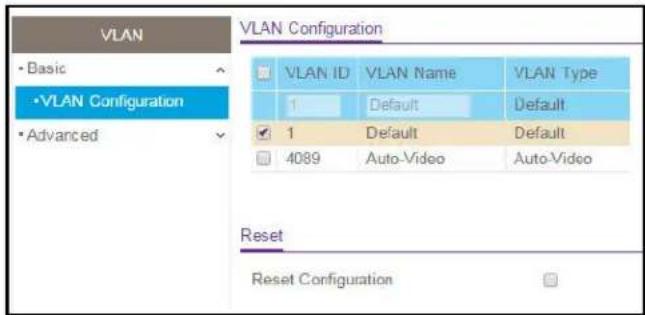 VLAN • Basic •VLAN Configuration • Advanced VLAN Configuration VLAN ID VLAN Name VLAN Type 1 Default Default ✓ 1 Default Default □ 4089 Auto-Video Auto-Video Reset Reset Configuration
