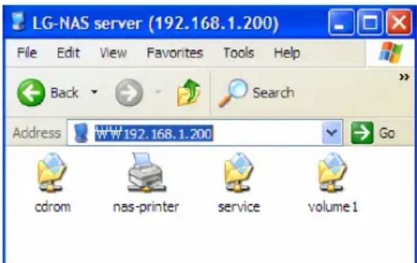 LG-NAS server (192.168.1.200) File Edit View Favorites Tools Help Back Search Address WWW 192.168.1.200 Go cdrom nas-printer service volume1