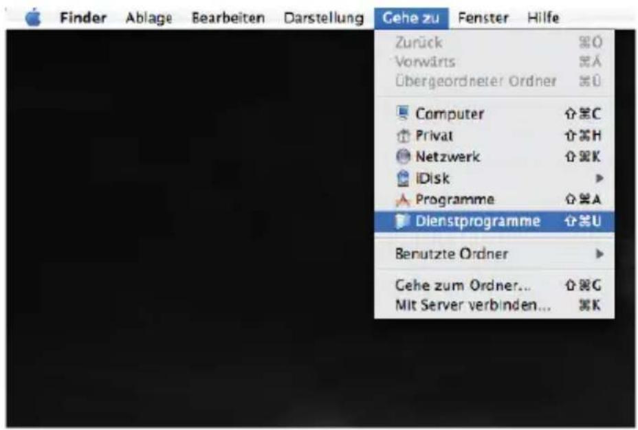 Finder Ablage Bearbeiten Darstellung Gehe zu Fenster Hilfe Zurück 0 Vorwärts 0 Übergeordneter Ordner 0 Computer 介笑C Privat 介笑H Netzwerk 介笑K iDisk Programme 介笑A Dienstprogramme 介笑U Benutzte Ordner Gehe zum Ordner... 介笑G Mit Server verbinden... 介笑K