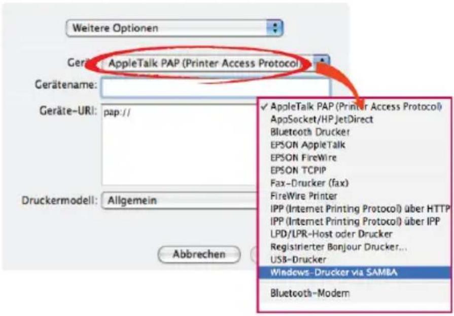 Weitere Optionen Geräte: AppleTalk PAP (Printer Access Protocol) Geräte-name: Geräte-URI: pap:// Druckermodell: Allgemein Abbrechen AppleTalk PAP (Printer Access Protocol) AppSocket/HPJetDirect Bluetooth Drucker EPSON AppleTalk EPSON FireWire EPSON TCPIP Fax-Drucker (fax) FireWire Printer IPP (Internet Printing Protocol) über HTTP IPP (Internet Printing Protocol) über IPP LPD/LPR-Host oder Drucker Registrierter Bonjour Drucker... USB-Drucker Windows-Drucker via SAMBA Bluetooth-Modem