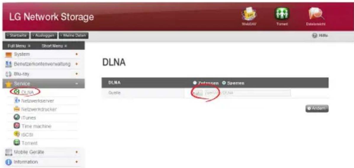 LG Network Storage Startseite Auszloggen Meine Daten Full Menu Short Menu System Benutzerkontenverwaltung Blu-ray Service DLNA Netzwerkserver Netzwerkdrucker iTunes Time machine ISCSI Torrent Mobile Geräte Information DLNA Zulassen Sperren Quelle Zulassen/DLNA Andem