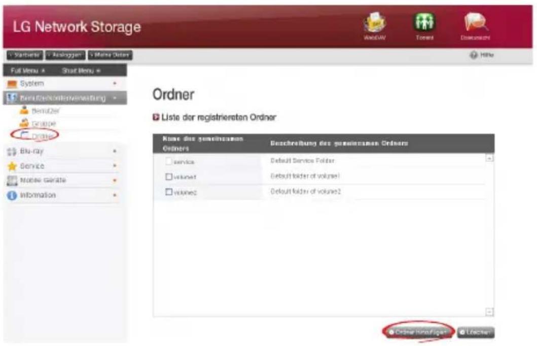 LG Network Storage Startseite Analoggen Melena Oster Full Menu Strat Menu System Bereu/Zahlöllenverwaltung Demüter Gruppe Order Blu-ray Service Mobile Geräte Information Ordner Name das gemeinsame Ordners Beschreibung des gemeinsamen Ordners □ service □ vikunet □ vikunez Default Service Folder: Default folder of volume1 Default folder of volume2 Ordner häufiger Listener