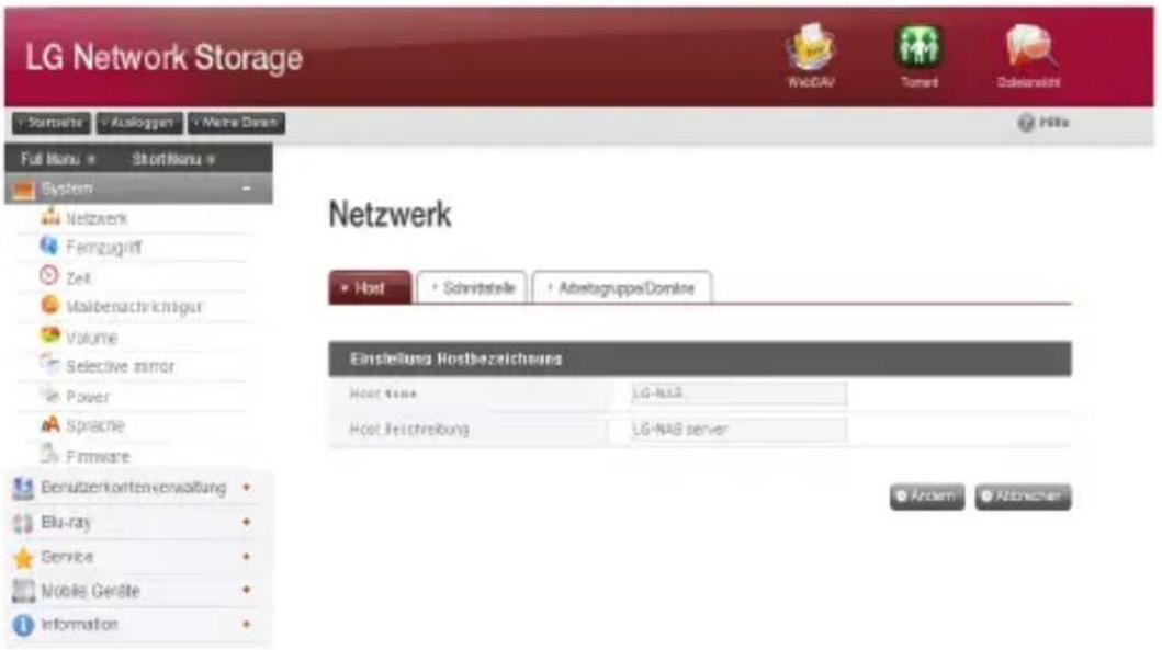 LG Network Storage WabCAV Tomini Doketlenicht Portmatte Aulkoggen Meine Dosen Full Menu StartMenu System Netzwerk Fernzugriff Zeit Maalbenachtrichsgur Volume Selective mirror Power Spracne Firmware Benutzerkontenverwaltung Blu-ray Service Mobile Geräte Information Netzwerk Host Schmitstelle AbelagruppeDomline Einstellung Hostbezeichnungs Host Name: LG-NAS Host Beschreibung: LG-NAS server Andem Abbrischer