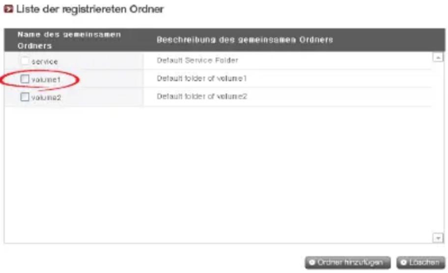 Liste der registriereten Ordner Name des gemeinsamen Ordners Beschreibung des gemeinsamen Ordners □ service □ volume1 □ volume2 Default Service Folder Default folder of volume1 Default folder of volume2 Ordner hinzufugen Löschen