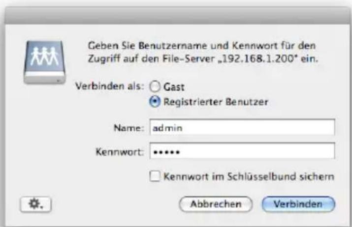 Geben Sie Benutzername und Kennwort für den Zugriff auf den File-Server „192.168.1.200" ein. Verbinden als: Gast Registrierter Benutzer Name: admin Kennwort: ****** Kennwort im Schlüsselbund sichern Abbrechen Verbinden