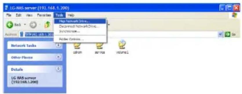 LG NAS server (192.168.1.200) File Edit View Favorites Tools Help Map Network Drive... Discerned Network Drive... Syncorize... Folder Controls... Network Tasks Other Places Details LG NAS server (192.168.1.200)