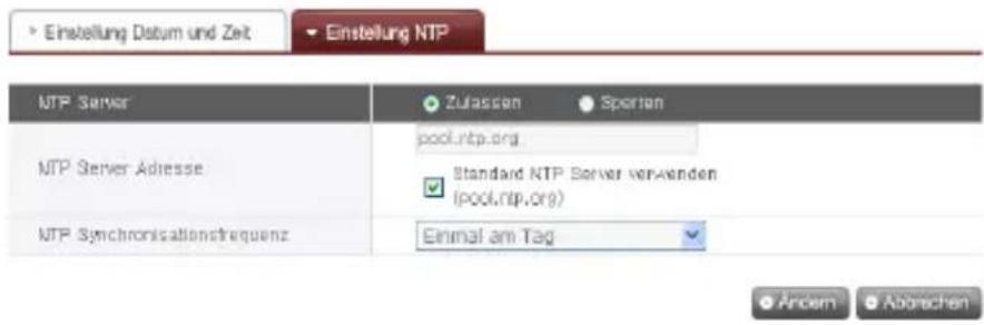 Einstellung Datum und Zeit Einstellung NTP NTP Server Zufassen Sporten MTP Server Adresse pool.rtp.org Standard NTP Server verwenden (pool.rtp.org) MTP Synchronisationstrequenz Einmal am Tag Änderm Abbrechen