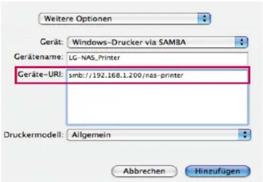 Weitere Optionen Gerät: Windows-Drucker via SAMBA Gerätename: LG-NAS_Printer Geräte-URI: smb://192.168.1.200/nas-printer Druckermodell: Allgemein Abbrechen Hinzufügen