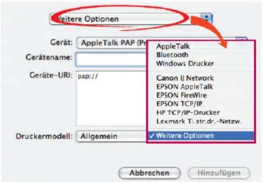 Weitere Optionen Gerät: AppleTalk PAP (Pr Gerätename: Geräte-URI: pap:// Druckermodell: Allgemein AppleTalk Bluetooth Windows Drucker Canon IJ Network EPSON AppleTalk EPSON FireWire EPSON TCP/IP HP TCP/IP-Drucker Lexmark Ti.str.dr.-Netzw. ✓ Weitere Optionen Abbrechen Hinzufügen