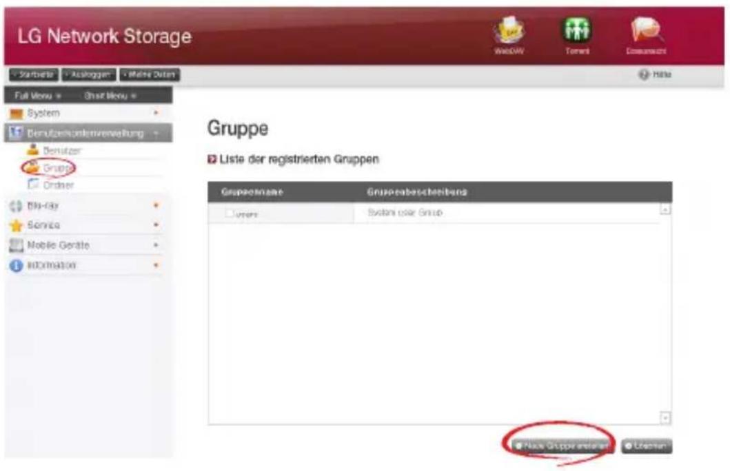 LG Network Storage Startseite Ausloggen Mehrte Daten Full Menu System Berufzenkontenvereitung Benutzer Gruppe Orbner Dio-Ray Service Mobile Geräte Information GruppeName Gruppeabschreibungs Unerer System oder Group Nose Gruppenwerte Urechen Gruppe Liste der registrierten Gruppen