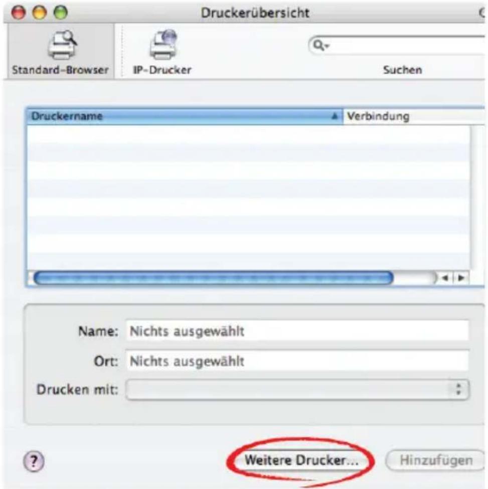 Druckerübersicht Standard-Browser IP-Drucker Suchen Druckername Verbindung Name: Nichts ausgewählt Ort: Nichts ausgewählt Drucken mit: Weitere Drucker... Hinzufügen