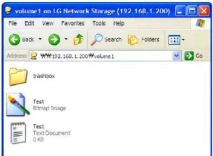volume1 on LG Network Storage (192.168.1.200) File Edit View Favorites Tools Help Back Search Folders Address WWW 192.168.1.200 volume 1 Go trashbox Test Bitmap Image Test Text Document 0 KB