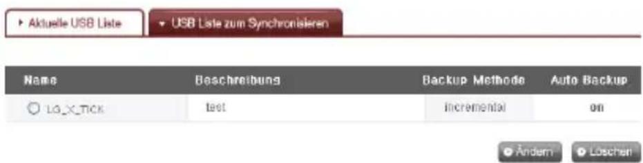 Aktuelle USB Liste USB Liste zum Synchronisieren Name Beschreibung Backup Methode Auto Backup LG_X_Tick funds incremental on Änderm Löschen