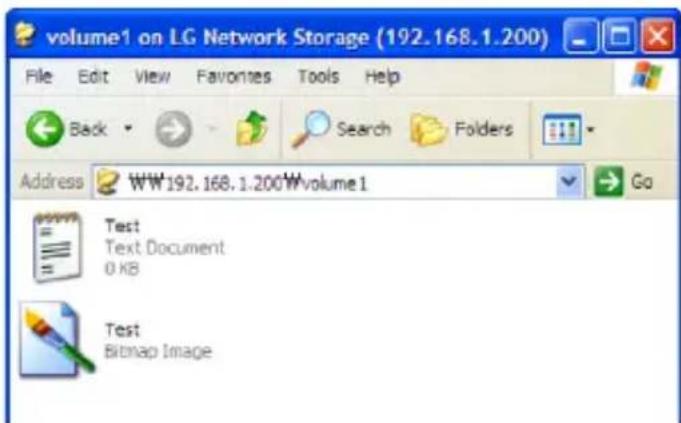 volume1 on LG Network Storage (192.168.1.200) File Edit View Favorites Tools Help Back Search Folders Address WW192.168.1.200W volume 1 Go Test Text Document 0 KB Test Bitmap Image