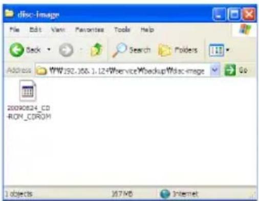 ddisc-image File Edit View Favorites Tools Help Back Search Folders Address WWW:192.306.1.12+Wservice\backup\disc-image Go 20090824_CD -ROM_CROM 1 objects 167MB Internet