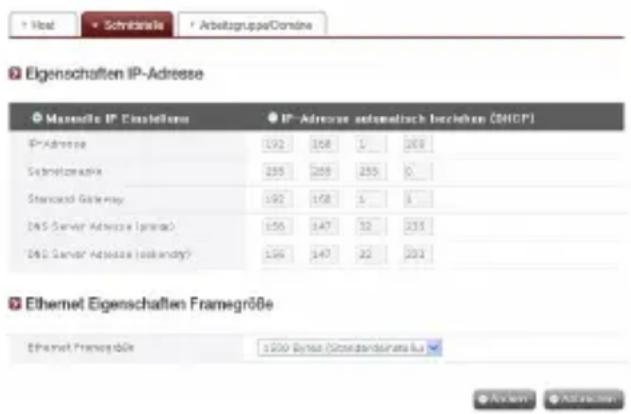 Eigenschaften IP-Adresse Manuelle IP Einsteielle IP-Adresse 192 358 5 203 Schmitzerlöse 255 255 255 0 Standard Gateley 192 178 5 1 245 Server Adresse (prima) 156 147 32 235 242 Server Adresse (sloondy) 156 147 32 231 Ethernet Eigenschaften Framegröße Ethernet Framegröße: 1000 Bytes (Schnitzdienstria für)