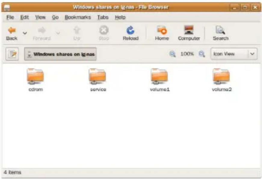 Windows shares on Ignas - File Browser File Edit View Go Bookmarks Tabs Help Back Forward Up Stop Reload Home Computer Search Windows shares on Ignas 100% Icon View cdrom service volume1 volume2 4 items
