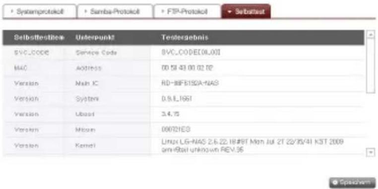 Systemprotocol Samba-Protocol FTP-Protocol Setbattest SetbattestIcon Underpunkt Testergebnis SVC_CODE Service Code SVC_CODE[08.00] MAC Address 00 51 43 00 02 02 Version Main IC RD-BIFB192A-NAS Version System 0.9.1.1661 Version Ubasi 3.4.75 Version Mean 000721ES Version Kernel Linux LG-NAS 2.6.22.18#BT Mon Jul 2T 22/35/41 KST 2009 am/Bstl unknown REV.36