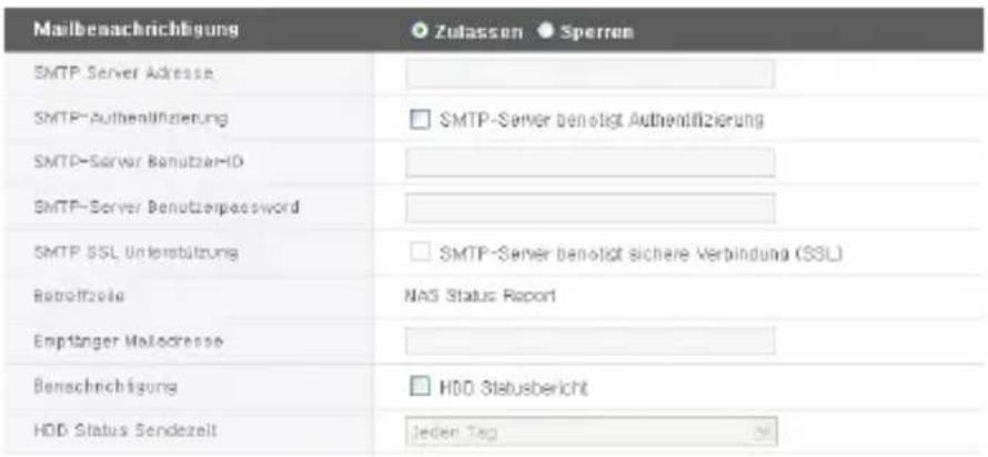 Mailbenachrichtigung Zulassen Sperren SMTP Server Adresse SMTP-Authenlifizierung SMTP-Server BenutzerHD SMTP-Server Benutzerpassword SMTP SSL Unterstützung Bereinflzeile NAS Status Report Empfänger Malodresse Benachrichtigung HDD Statusbericht HDD Status Sendezeit Jeden Tag