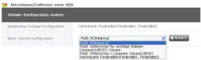 Himzufügen/Endernen einer HDD Volume-Konfiguration anders Momentare Volume-Konfiguration Individuelle Festplatten(Festplattel, Festplatte2) Neue Volume-Konfiguration R4D (Stripping) R4D (Stripping) R4D (J(Mroning) für wichtige Daten Linearres(JBOD) Volume R4D (J(Mroning) + Linearres Volume(JBOD) Individuelle Festplatten(Festplattel, Festplatte2)
