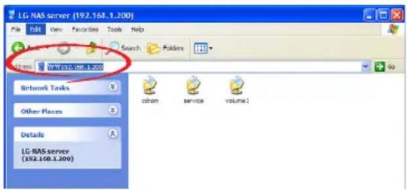 LG NAS server (192.168.1.200) File Edit View Favorites Tools Help Search Folders Network Tasks Other Pieces Details LG-NAS server (192.168.1.200) cbrom service volume 1