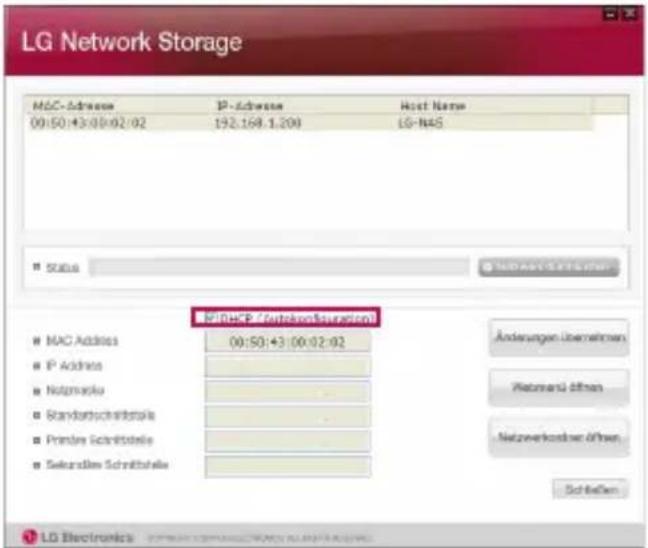 LG Network Storage M&C-Adressor IP-Adressor Host Name 00:50:43:00:02:02 192.168.1.200 LG-N4S Status MURSFP (Fortobron-Inversion) MAC Address 00:50:43:00:02:02 IP Address Not Applicable Standardschreibstelle Printe Schriftstelle Selekenden Schriftstelle Änderungen übernehmen Rietmend öffnen Netzwerkosten öffnen Schleifen LG Electronics
