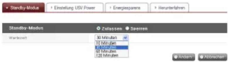 Standby-Modus Einstellung USV Power Energiesparens Herunterfahren Standby-Modus Zelassen Sperren Wertzeit 30 Minuten 10 Minuten 90 Minuten 60 Minuten 130 Minuten Andem Abbrechen