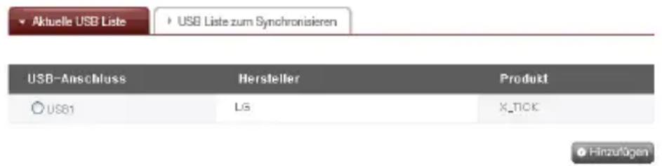Aktuelle USB Liste USB Liste zum Synchronisieren USB-Anschluss Hersteller Produkt US81 LG X_TICK © Hinzufügen