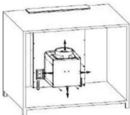 Technical line drawing of a mechanical device inside a transparent enclosure, showing internal components and directional arrows (no text or symbols)
