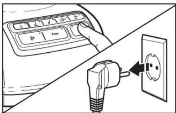 Diagram showing a hand pressing a control panel with buttons and a plug inserted into an electrical socket, illustrating electrical switch behavior.