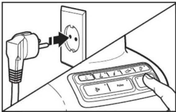 Diagram showing installation of a power outlet into a wall-mounted control panel with labeled buttons and a hand interacting with the device.