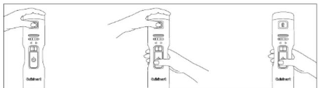 Line drawings showing three hand gestures with labeled buttons and a device, likely illustrating a device control or usage scenario.
