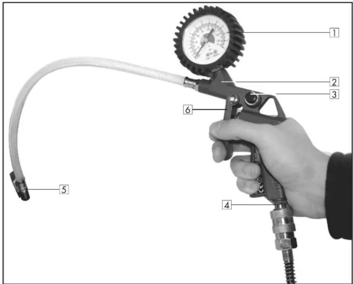 Diagram of a hand holding a pressure gauge with labeled parts including gauges, tubing, and connectors