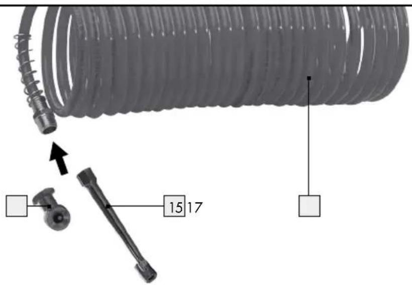 Technical diagram showing a coiled hose with labeled parts and measurement indicators